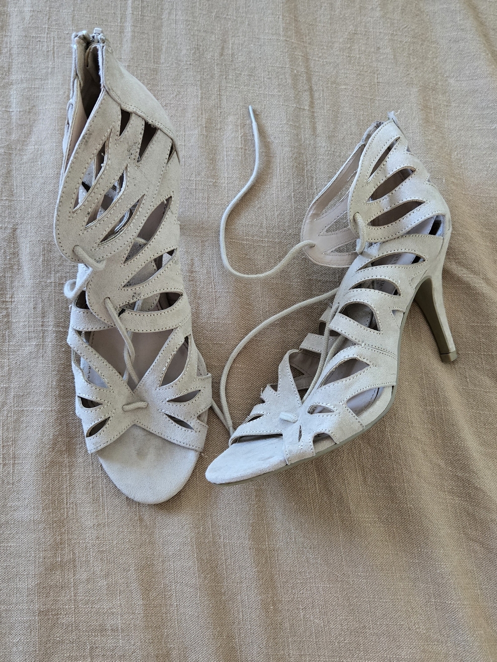 Women's Lace-Up Cutout High Heel Sandals in Light Beige